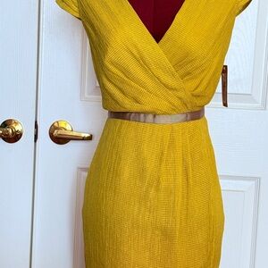 Daniel Cremieux Greenish Yellow Faux-Wrap Midi Dress